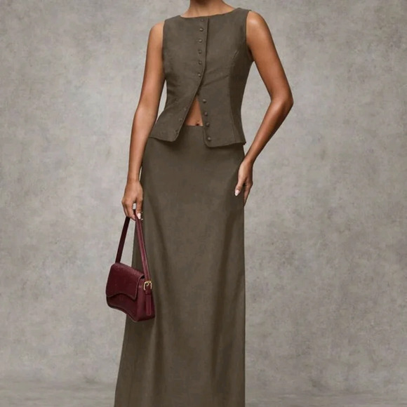 Women's Summer Solid Color Single Breasted Vest And Long Skirt Elegant Suit Set
